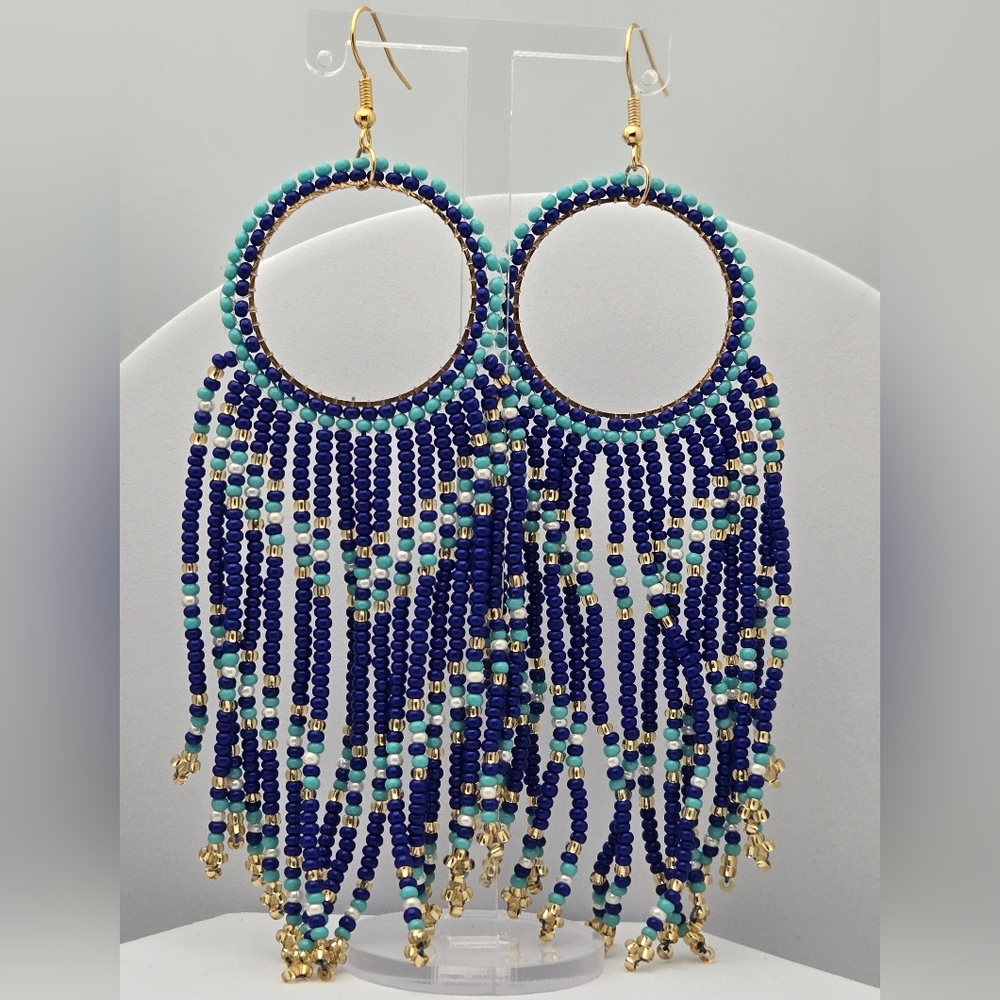 Boho Dream Catcher Handmade Seed Bead Earrings Blue Turquoise Gold Fringe 4.5”